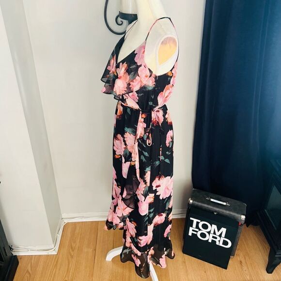 Jennifer Lopez Faux Wrap Ruffle Maxi Dress, Black/Pink, Size 2, Summer Wedding - Picture 3 of 9